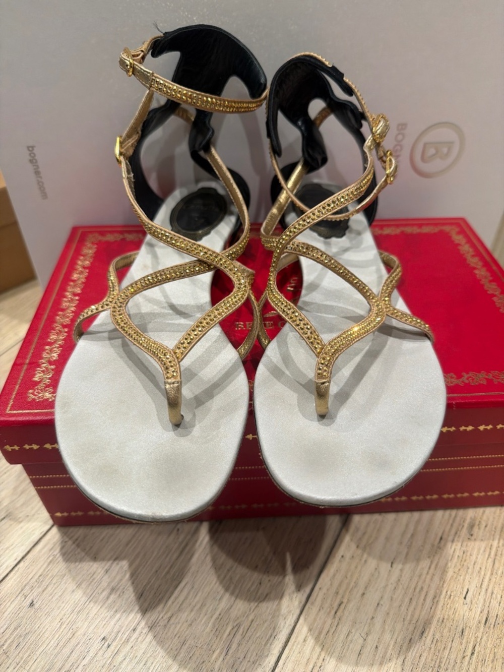 Rene Caovilla Gold Crystal Strappy Flat Sandals 37.5